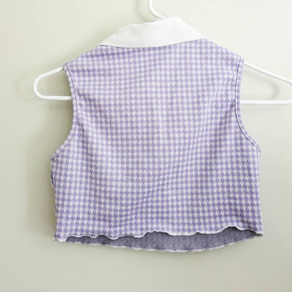 Shein Houndstooth Purple Collared Cropped Polo Tee - Picture 3 of 4